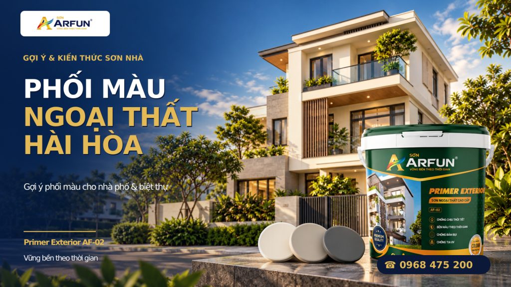 Nhà phố phối màu ngoại thất trắng ấm, ghi be và than, minh họa Arfun.